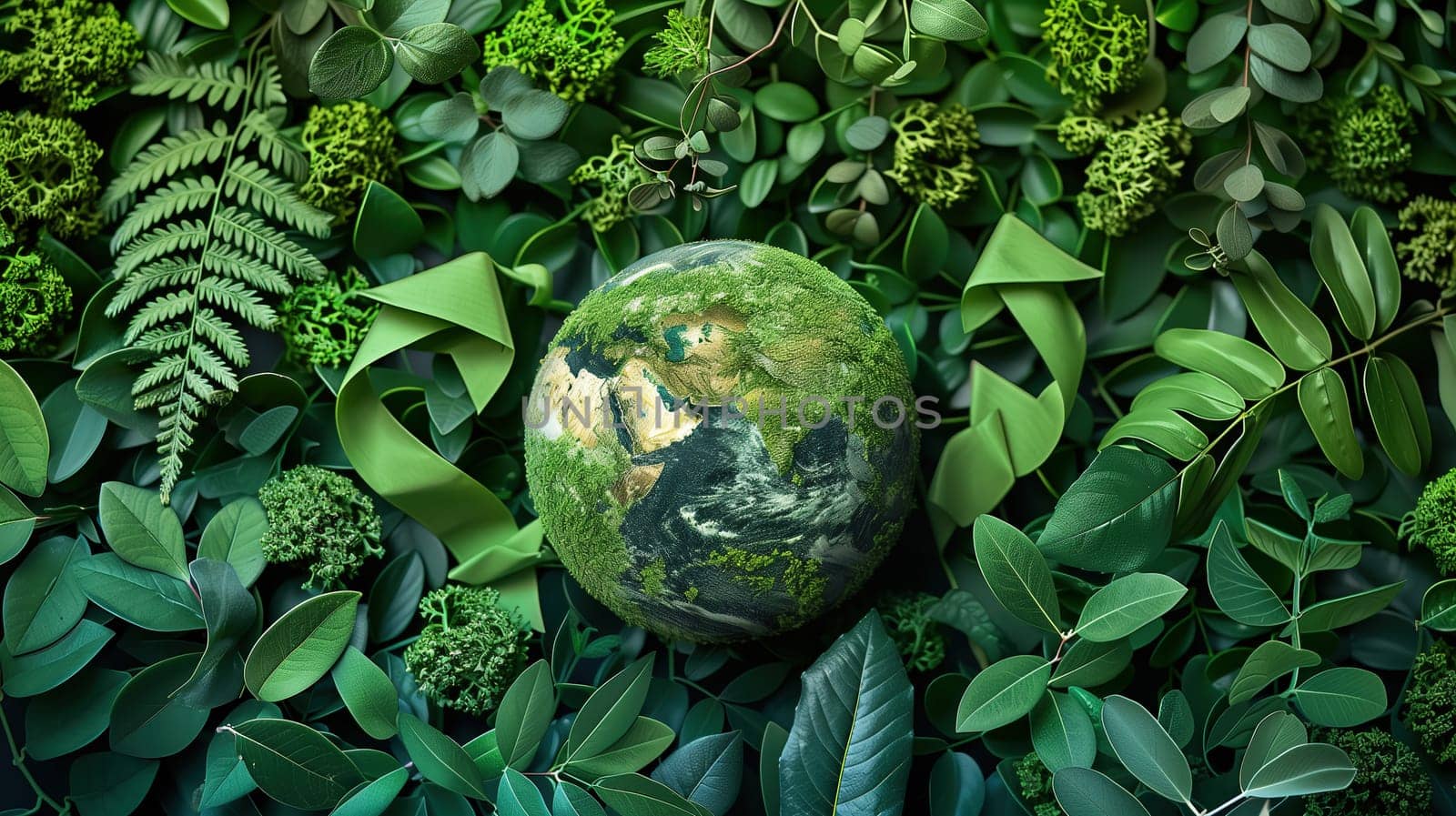 The image shows a lush green earth encircled by a variety of leaves and plants, symbolizing vitality and the importance of nature. The earth is prominently displayed at the center, enveloped by a vibrant display of greenery.