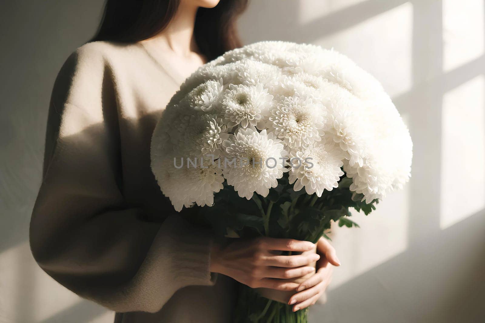 woman holding in her hands a lush bouquet of white chrysanthemums, close-up.