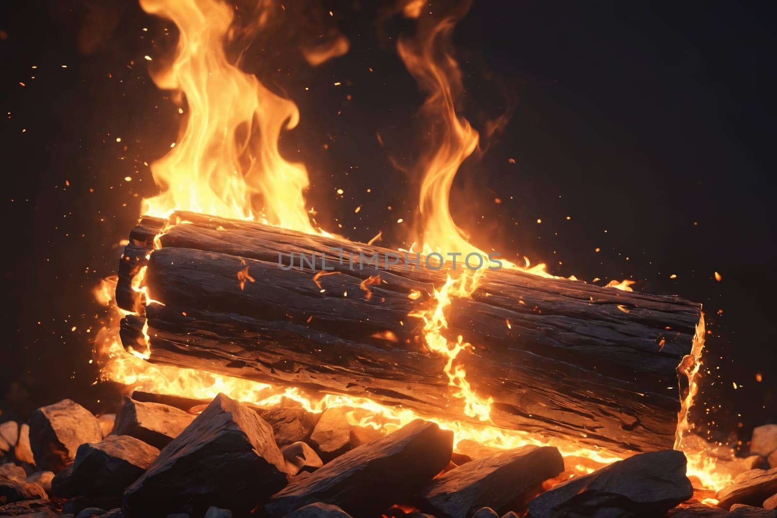 A vivid 3D scene captures the essence of a wood fire at night, with sparks scattering into the dark sky.