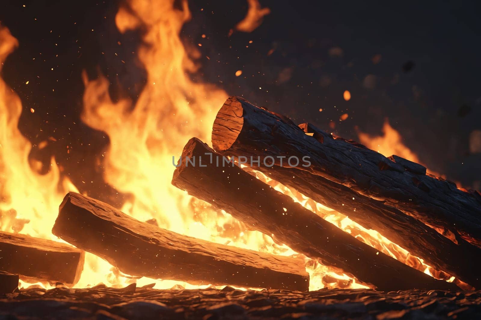 The night comes alive with the crackle of burning wood and the dance of sparks in this realistic 3D fire depiction.