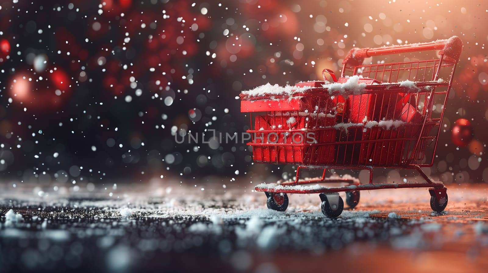 Red Shopping Cart in Snowy Setting by TRMK