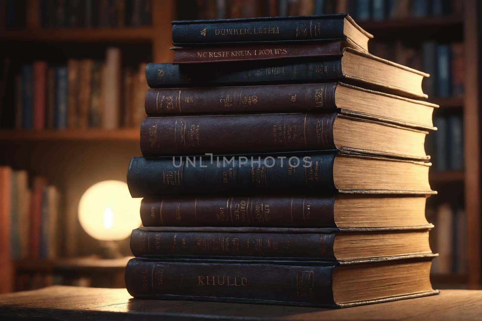 A warm glow envelops a stack of hardcover books, their blue and brown hues inviting a closer look in a cozy setting.