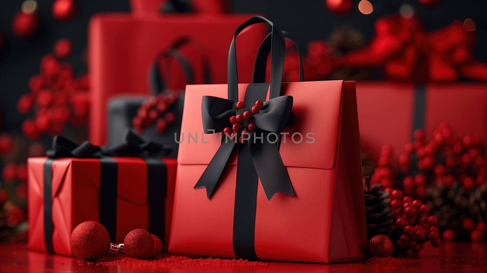 Several red boxes with black bows arranged in a group, showcasing a sale concept or a Black Friday promotion. The boxes are neatly stacked or scattered, adding a festive touch to the scene.