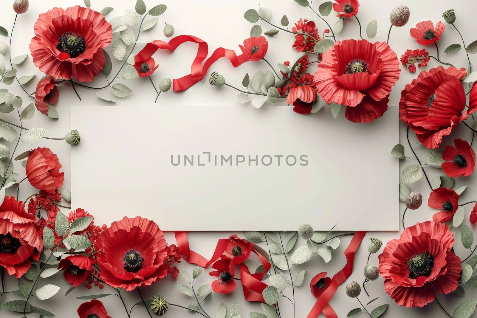 A white sign is surrounded by red flowers. The flowers are arranged in a way that they are overlapping the sign, creating a sense of depth and dimension. Scene is one of warmth and beauty