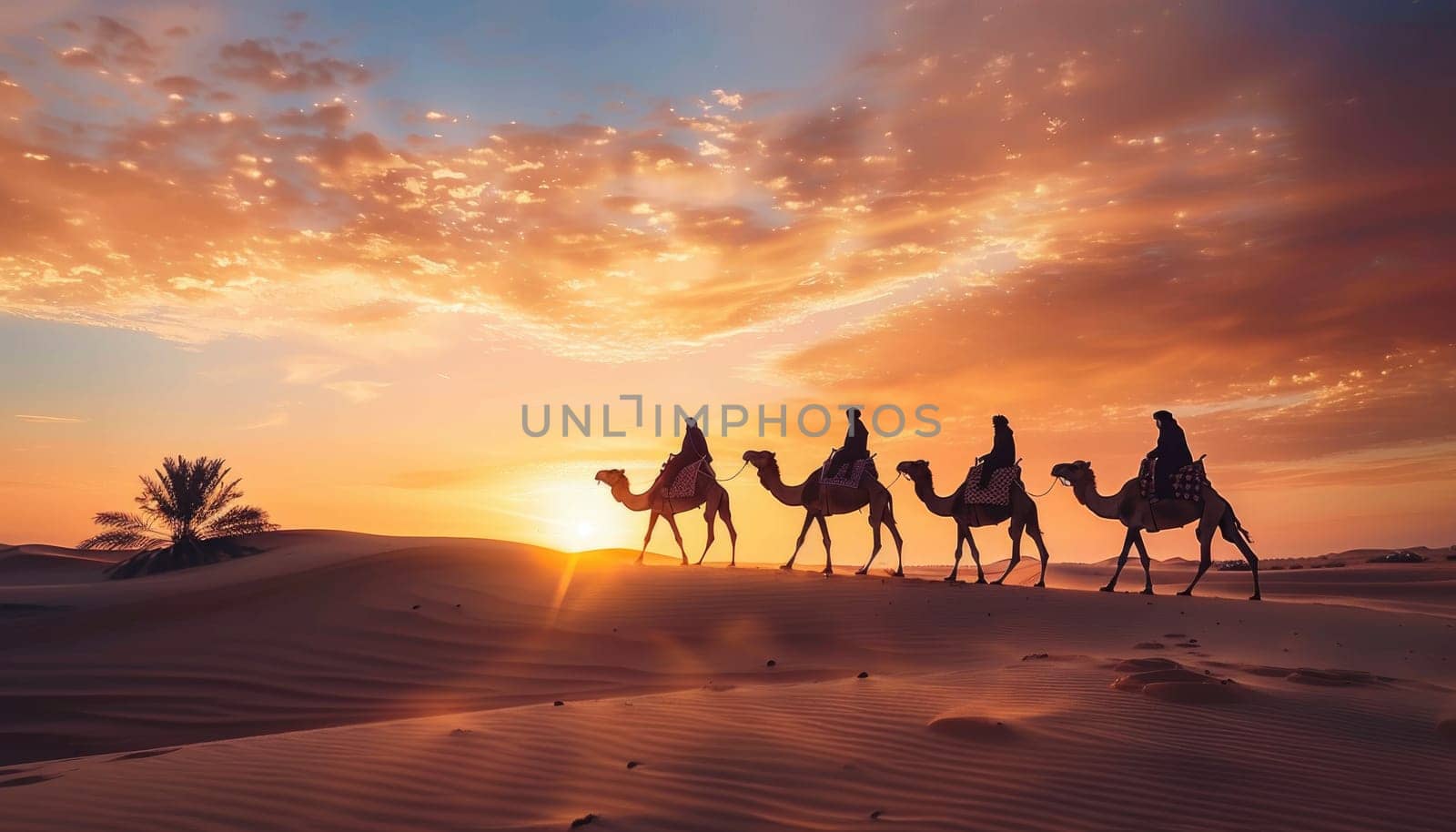 A group of camels are walking across a desert at sunset. The sky is filled with clouds and the sun is setting