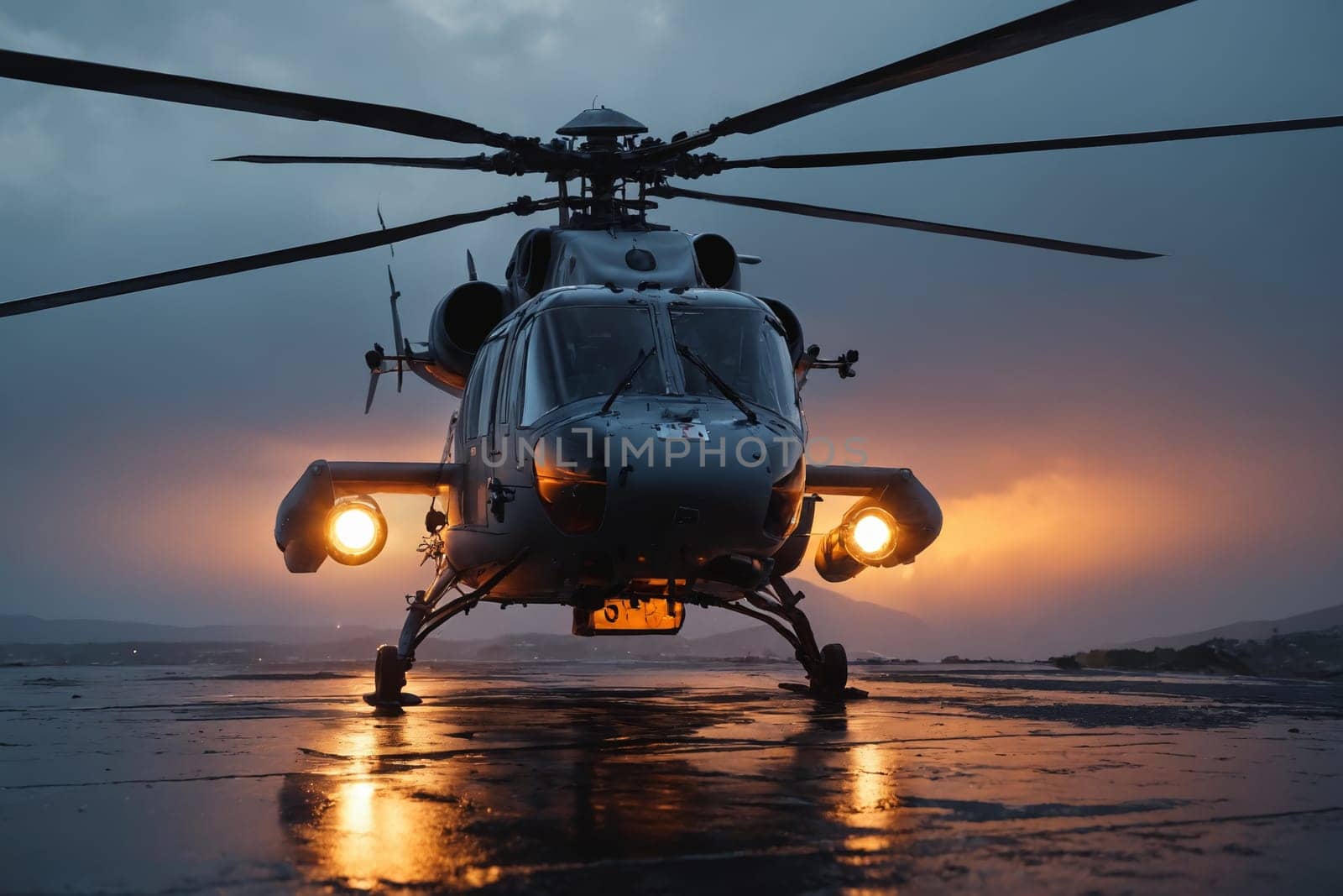 A powerful helicopter with its lights piercing the night, blades in motion, set against a twilight sky.
