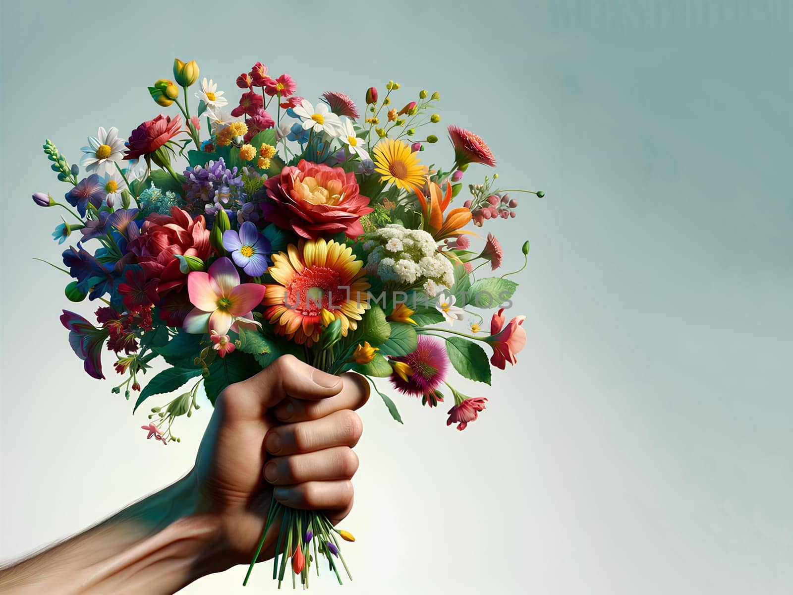 Beautiful bouquet in an outstretched hand on a blue background, copy space by Annado