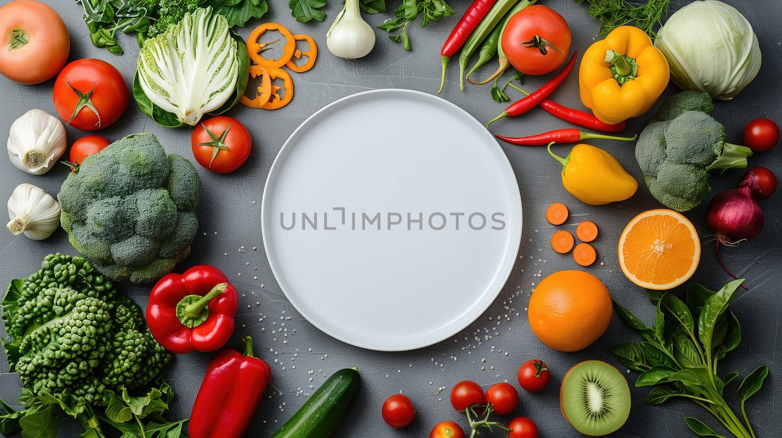 A table displaying a diverse assortment of fresh vegetables, including tomatoes, cucumbers, bell peppers, carrots, broccoli, spinach, and more. The colorful and nutritious veggies are neatly arranged and ready for consumption.