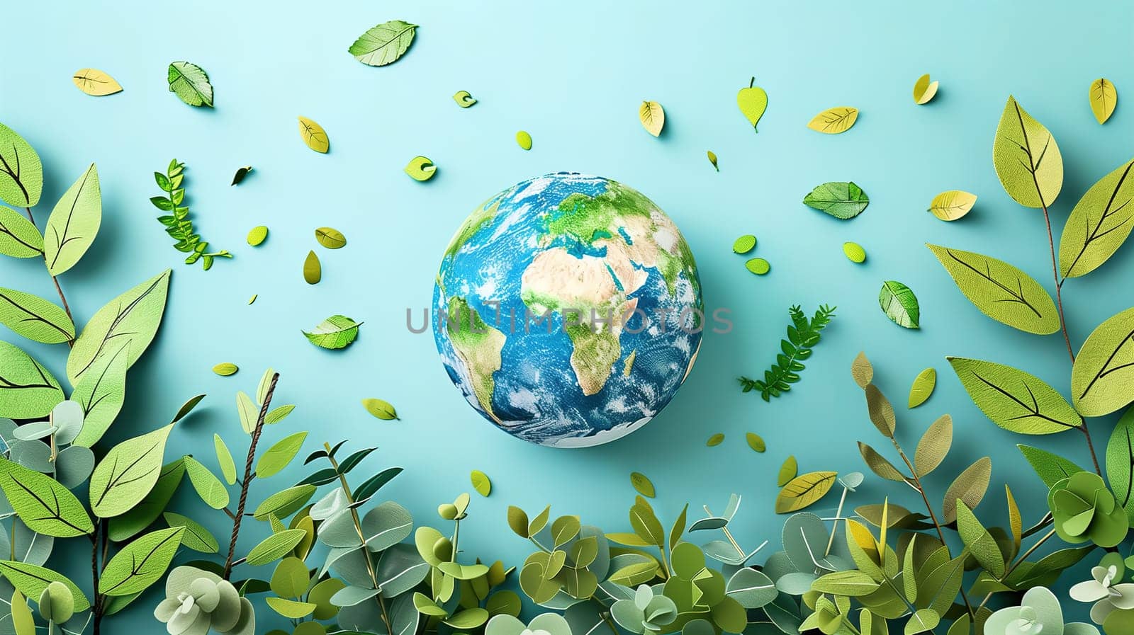 The planet Earth is depicted in the center of the image, encircled by vibrant green leaves against a calming blue backdrop. The leaves symbolize nature and the importance of environmental conservation.
