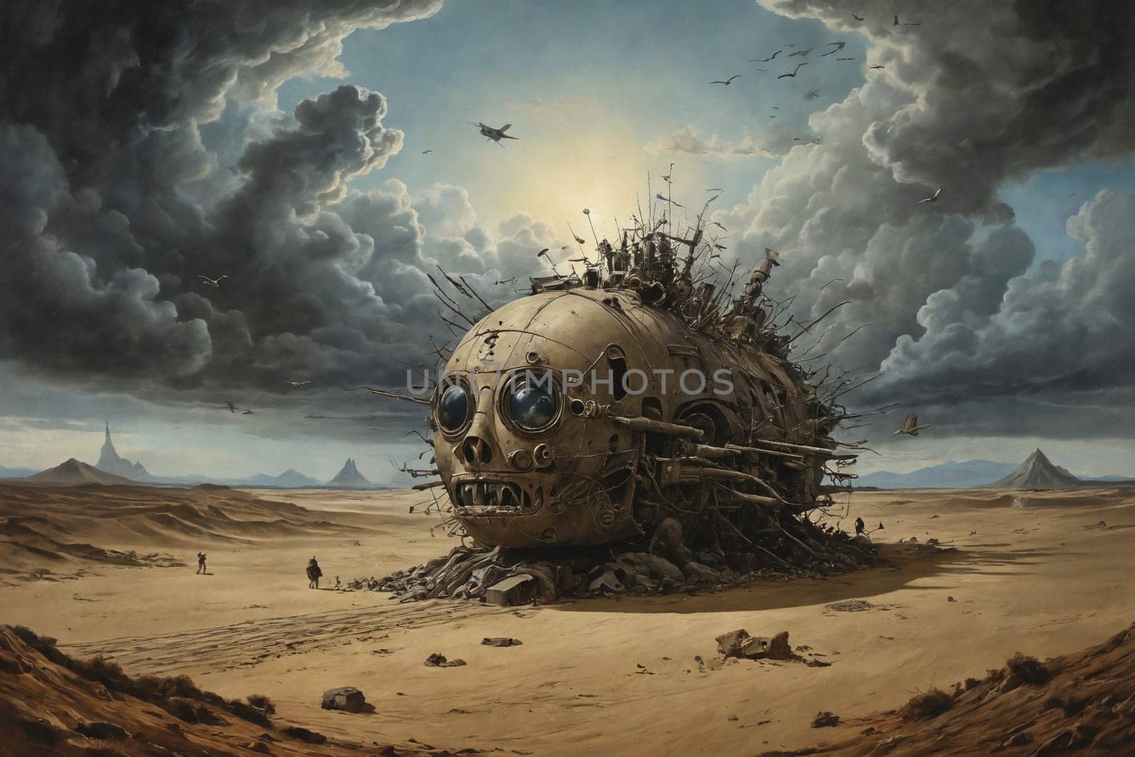 A warm sunbeam pierces the stormy sky, illuminating the wooden remains of a shipwreck in a desolate desert scene.