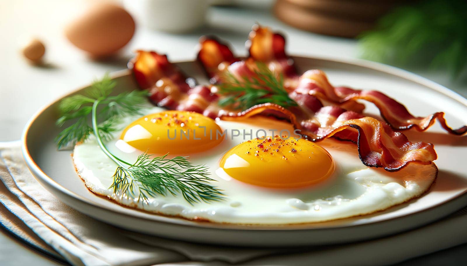 Scrambled eggs and bacon on a white plate close-up.