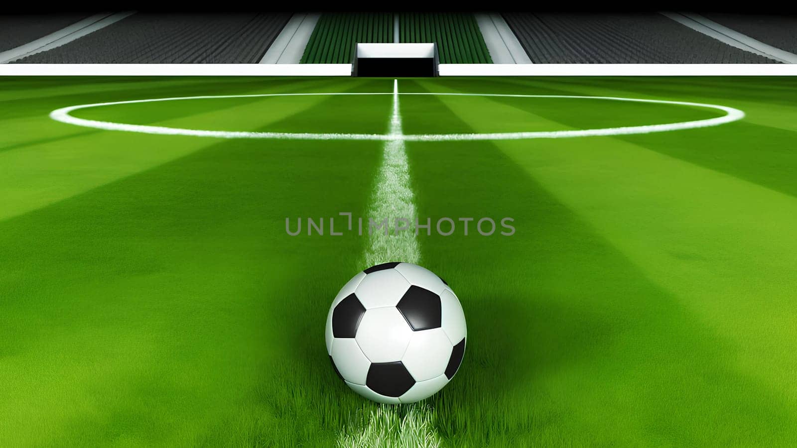 Soccer ball on an empty green soccer field closeup