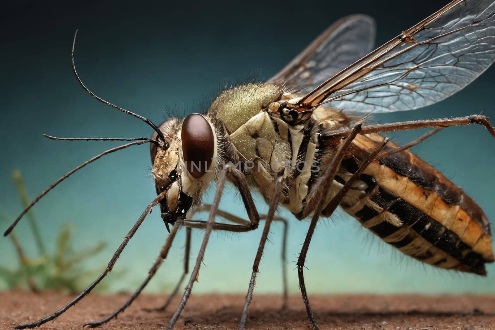 A fly's compound eyes dominate this macro shot, set against a metallic green body and a soft green and blue background.