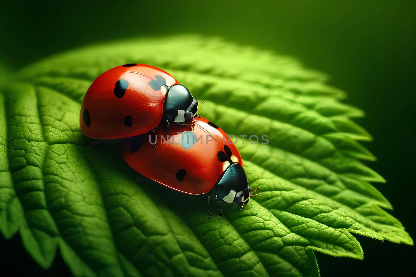 Two ladybugs on a green leaf close-up in sunlight.