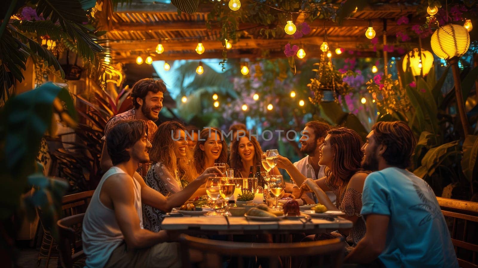 A group of people are gathered around a table with wine glasses and food. Scene is happy and social, as everyone is enjoying each other's company and sharing a meal together