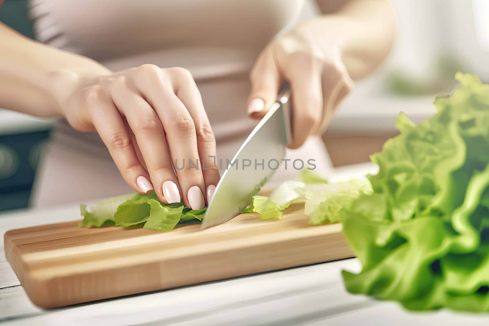 woman cutting green salad leaves on cutting board, close-up
