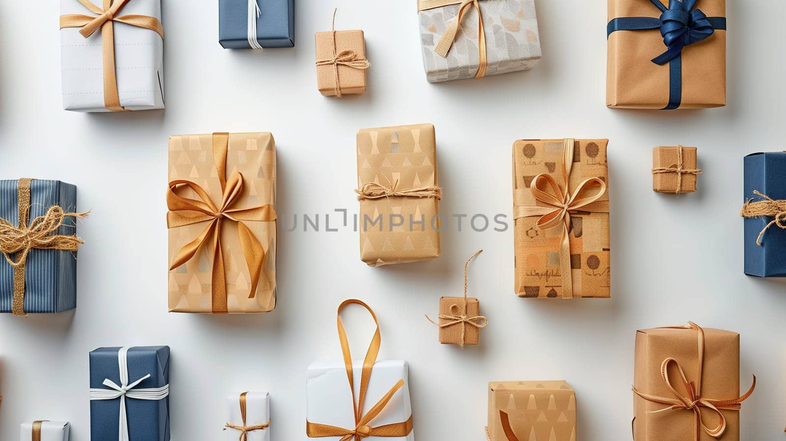A group of various wrapped presents are displayed next to each other, showcasing a sale or Black Friday concept. The gifts vary in size and color, arranged neatly in a row.