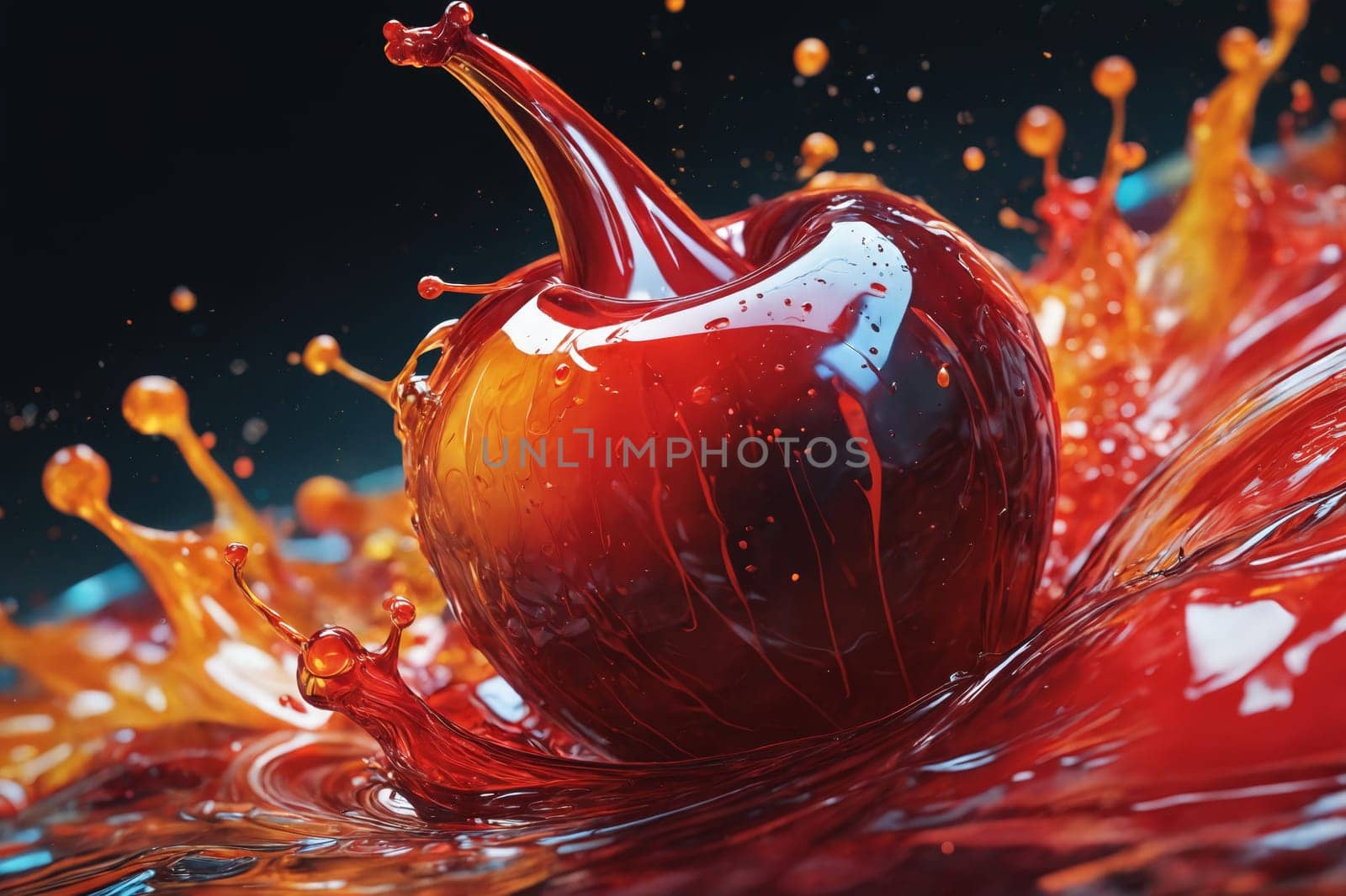 Cherries make a splash into a bowl of water, with a vivid orange splash encircling them.
