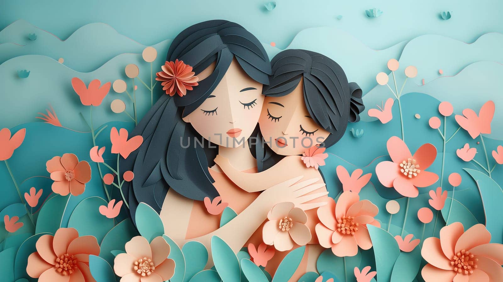 Two women are embracing each other warmly amidst a vibrant field of colorful flowers. The bright petals create a beautiful backdrop for their heartfelt moment.