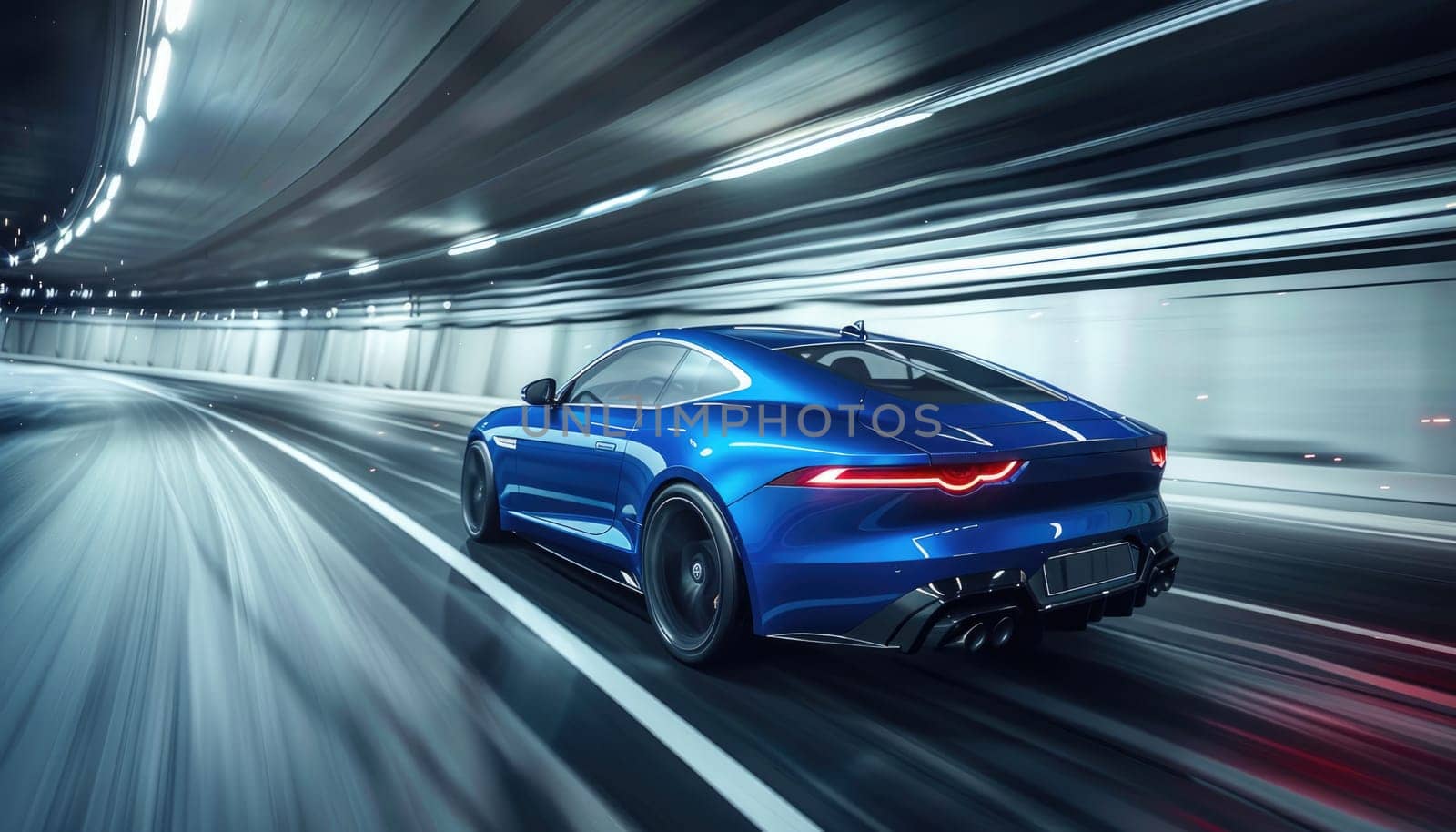 A blue sports car is driving down a highway by AI generated image.