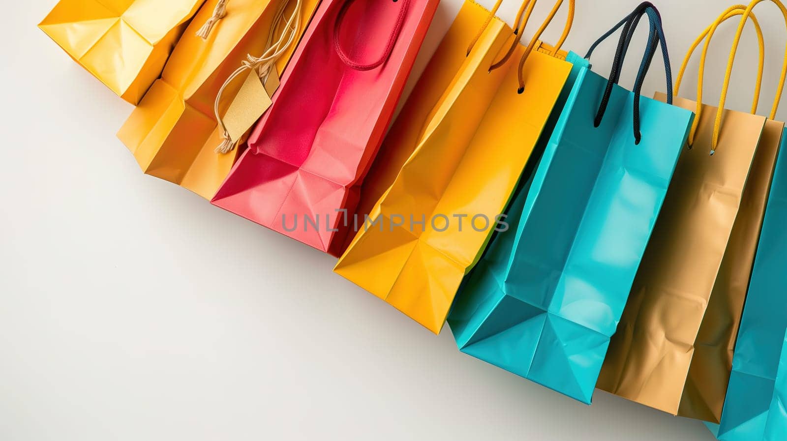 A row of vibrant shopping bags in various colors, hanging neatly on the wall. Each bag is different, representing a unique purchase from a retail store. The bags are ready for use or display, symbolizing shopping and the consumer experience.