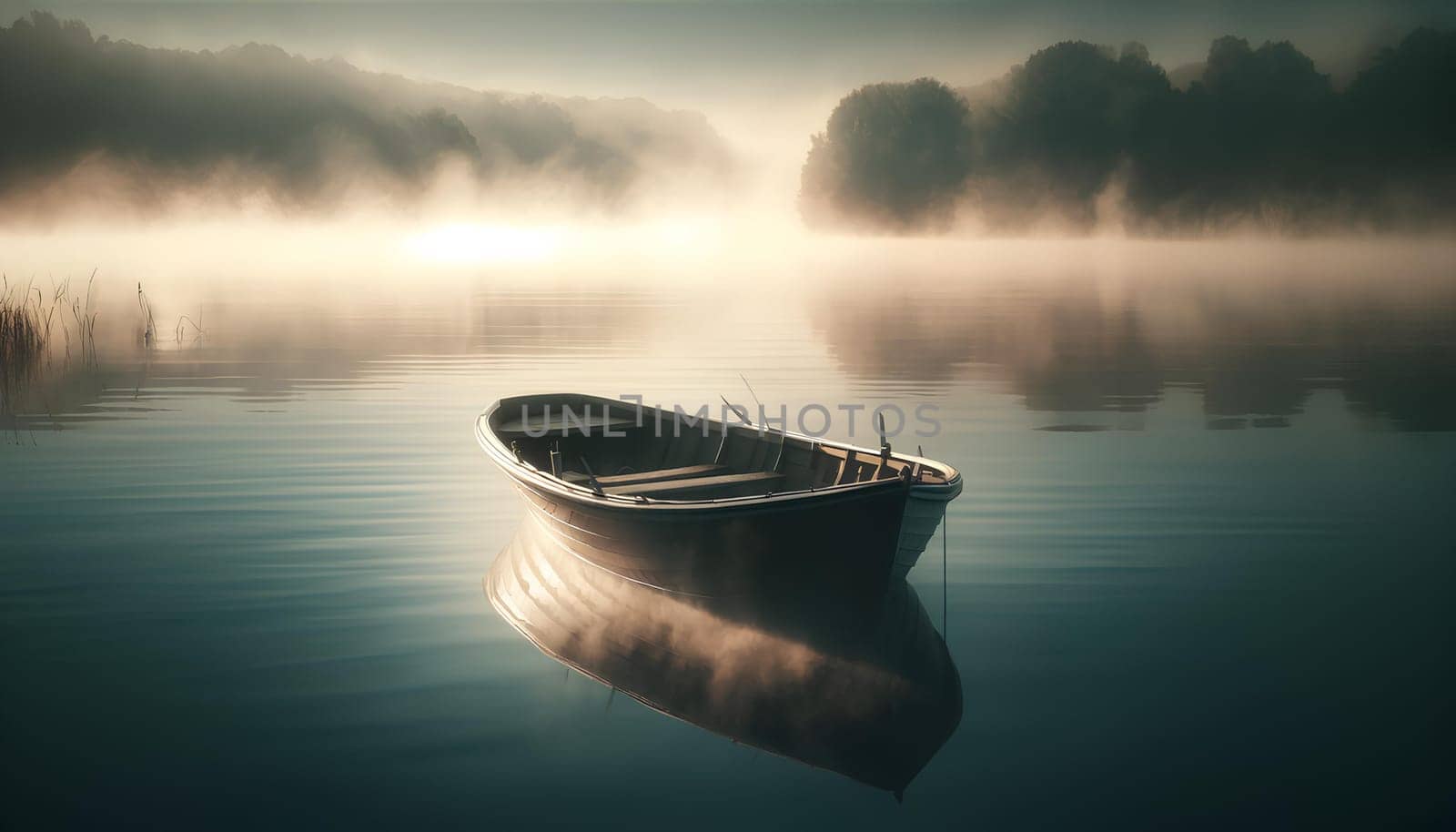 empty boat on a calm forest lake in soft fog early in the morning.
