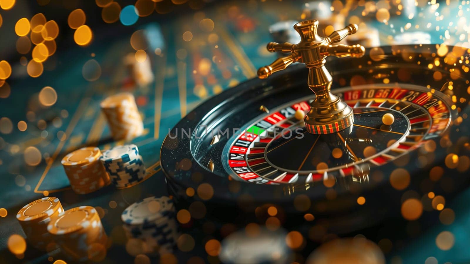 A close view captures the dynamic spin of a roulette wheel, its numbers blurring as the ball dances across the wheel, accompanied by the glint of gold chips in anticipation of a big win, encapsulating the excitement and luxury of a night at the casino.