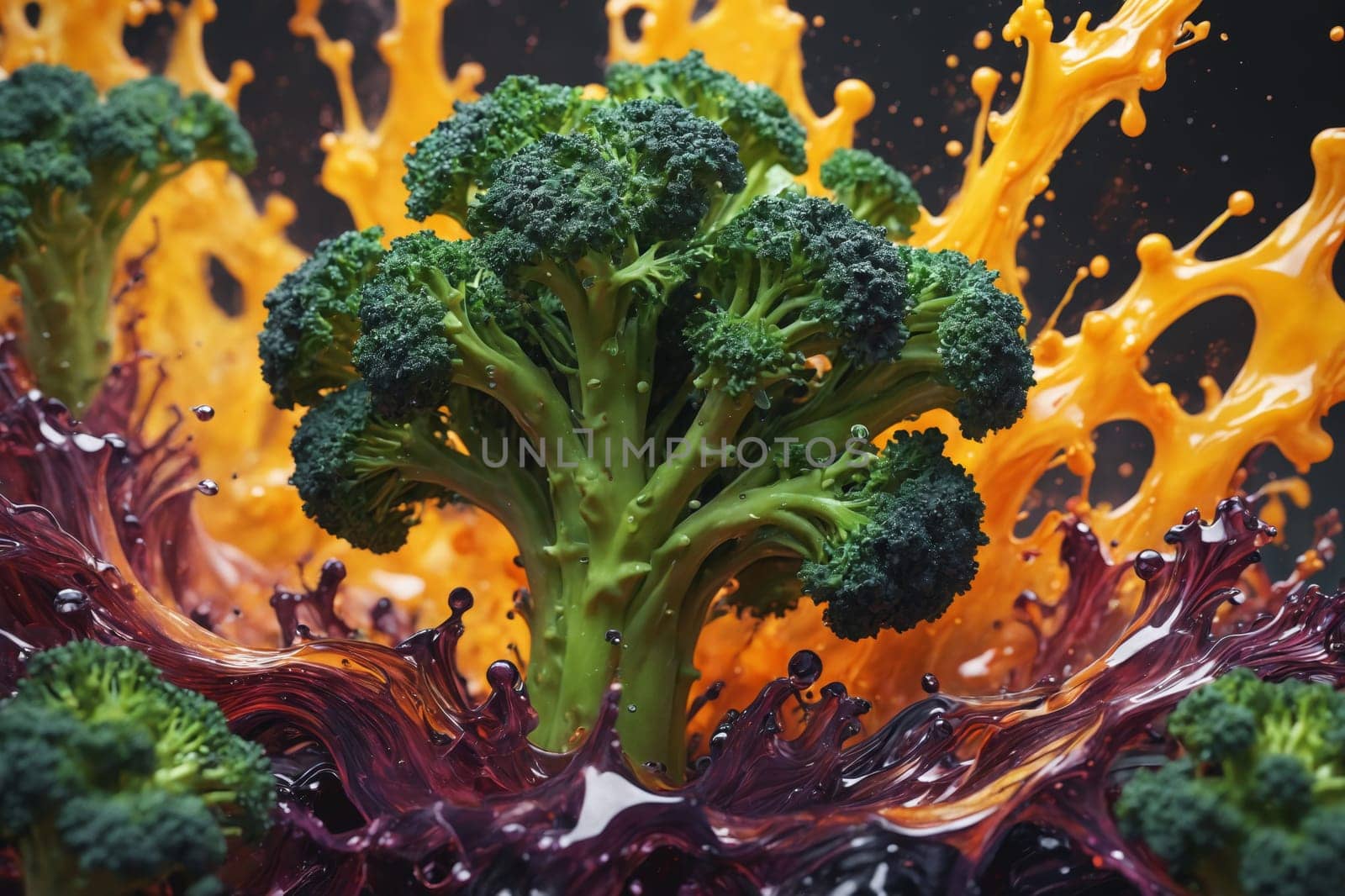 The freshness of broccoli captured with an energetic splash of orange on a vibrant background.