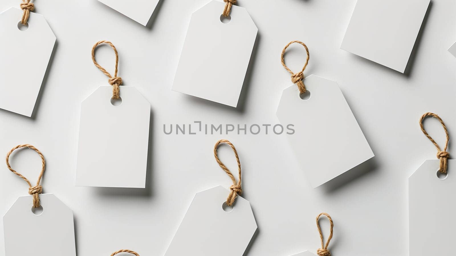 Several white tags are neatly arranged and tied with twine on a clean white surface. The tags are ready for labeling or pricing in a minimalist and organized setting.