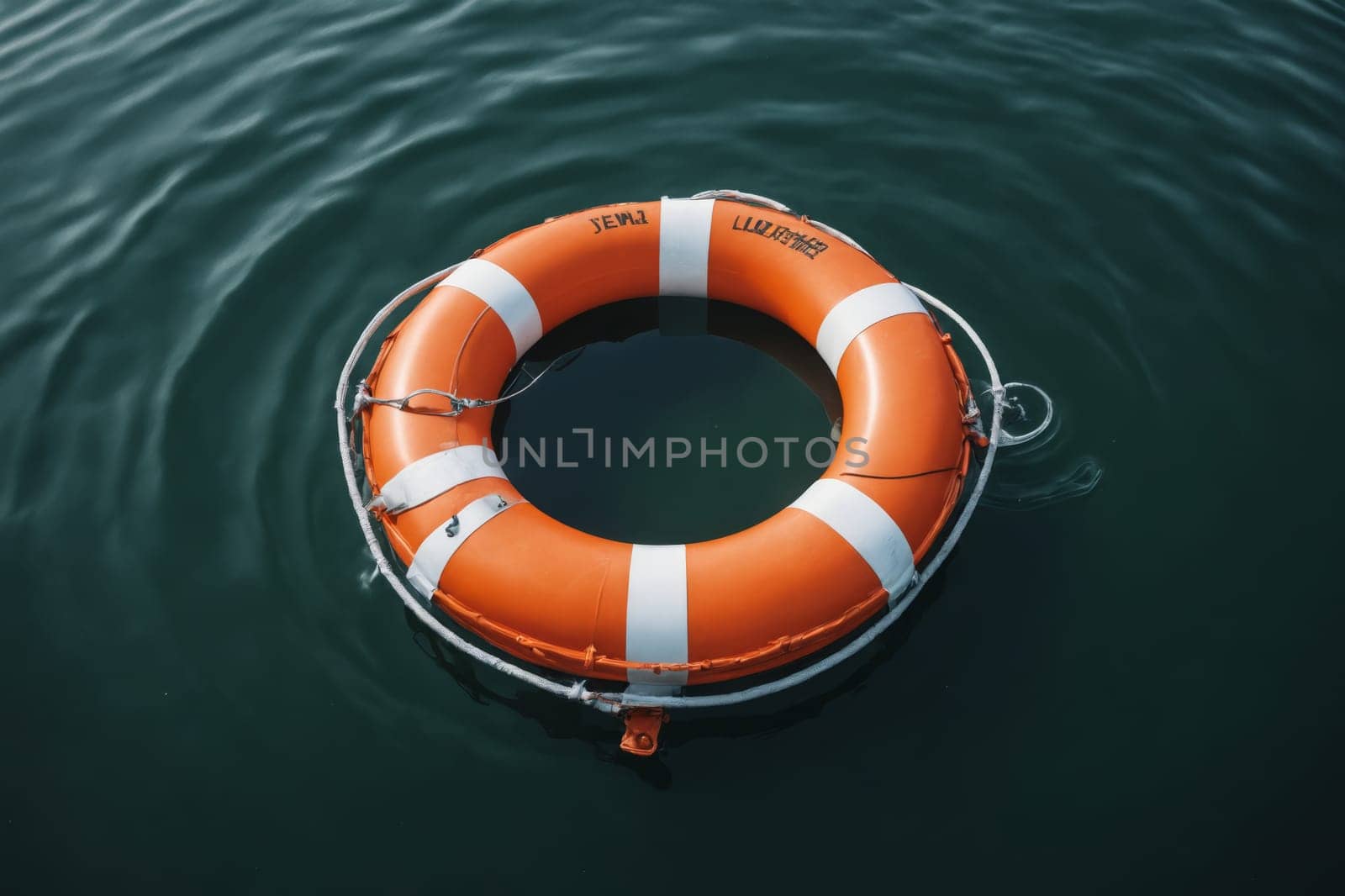 The vibrant hue of an orange lifesaver stands out in the somber tones of oceanic depths.