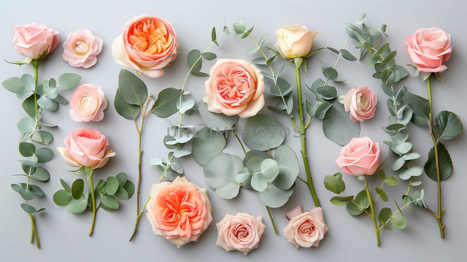 A collection of pink roses and eucalyptus leaves arranged together, showcasing the delicate beauty of the flowers against the greenery of the leaves. This grouping exudes a sense of elegance and natural harmony.