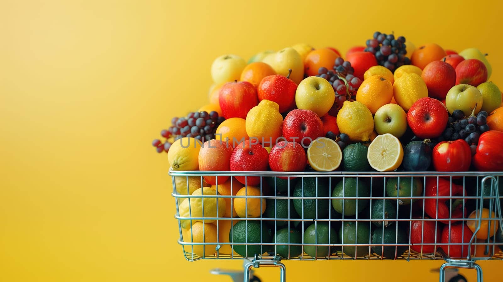 A shopping cart is fully loaded with an assortment of vibrant fruits, including apples, oranges, bananas, berries, and more. The cart is packed to the brim with colorful and nutritious produce.