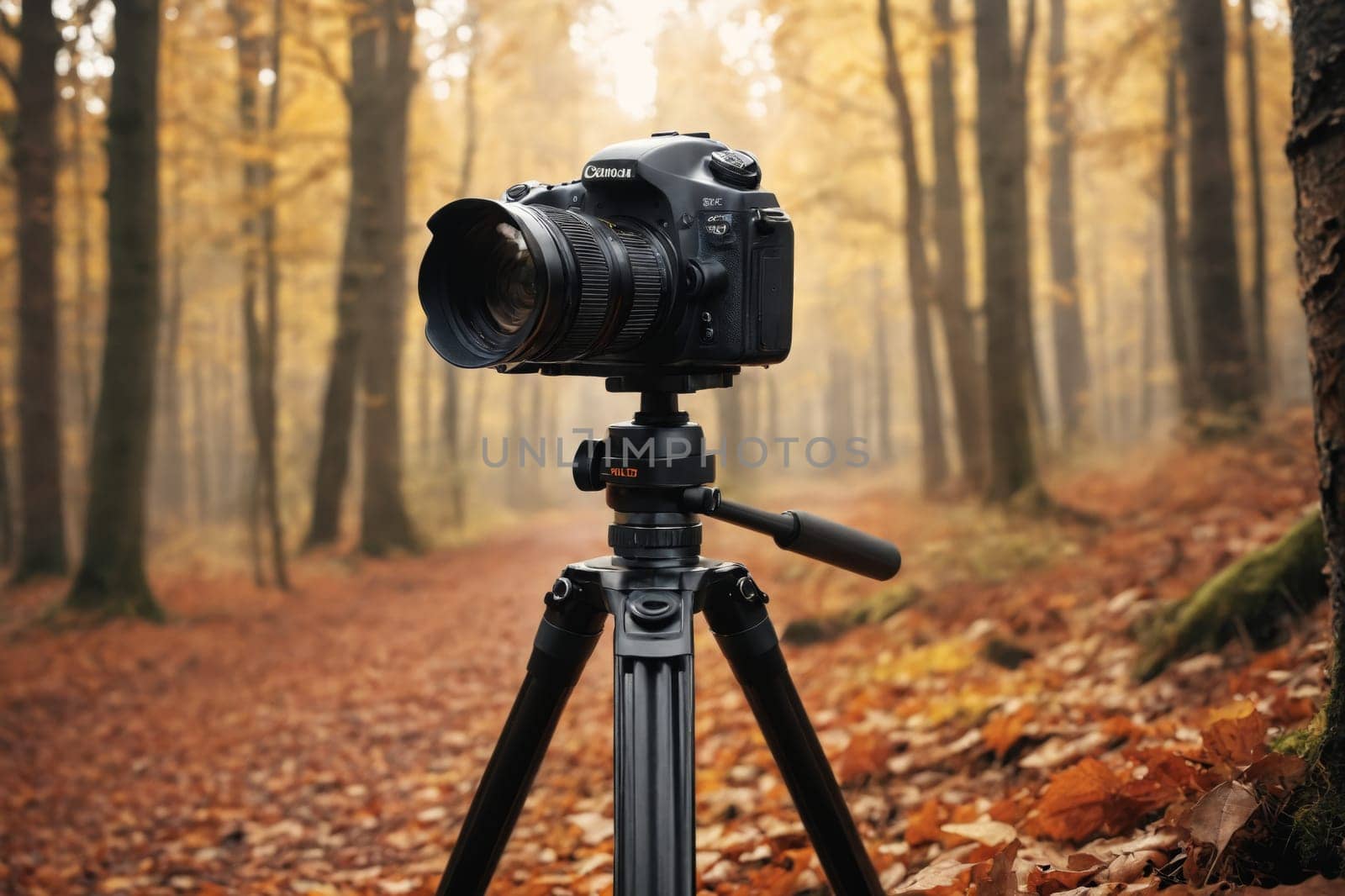 A camera on a tripod is set up in the woods, surrounded by fallen leaves on the ground, creating the perfect scene for nature photography.