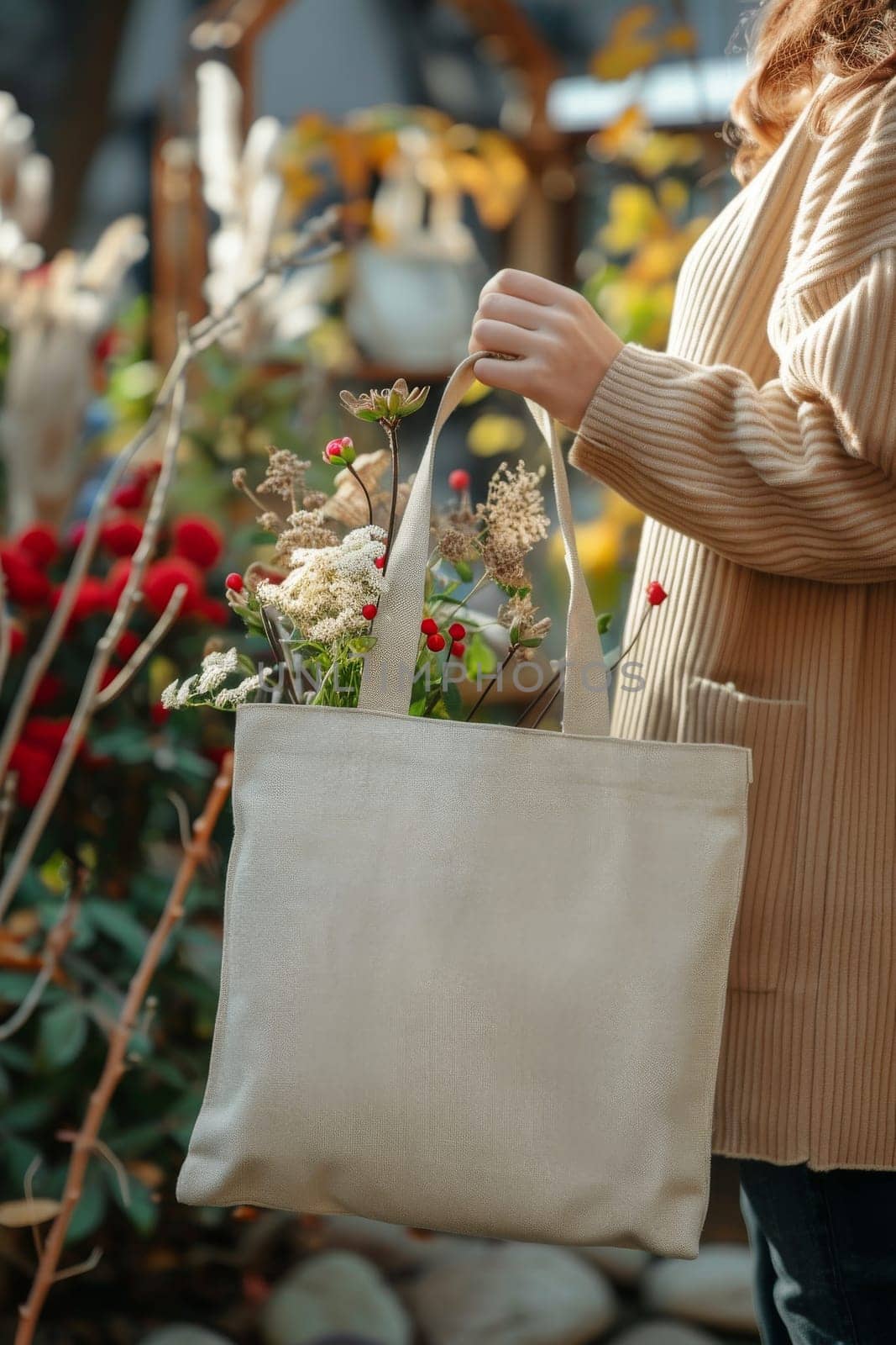 A woman is holding a white canvas tote bag by itchaznong
