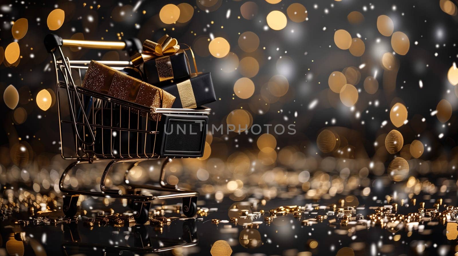 A shopping cart overflowing with presents sits atop a table, symbolizing the holiday season and the shopping frenzy of Black Friday. The cart is filled with wrapped gifts in various sizes and shapes.