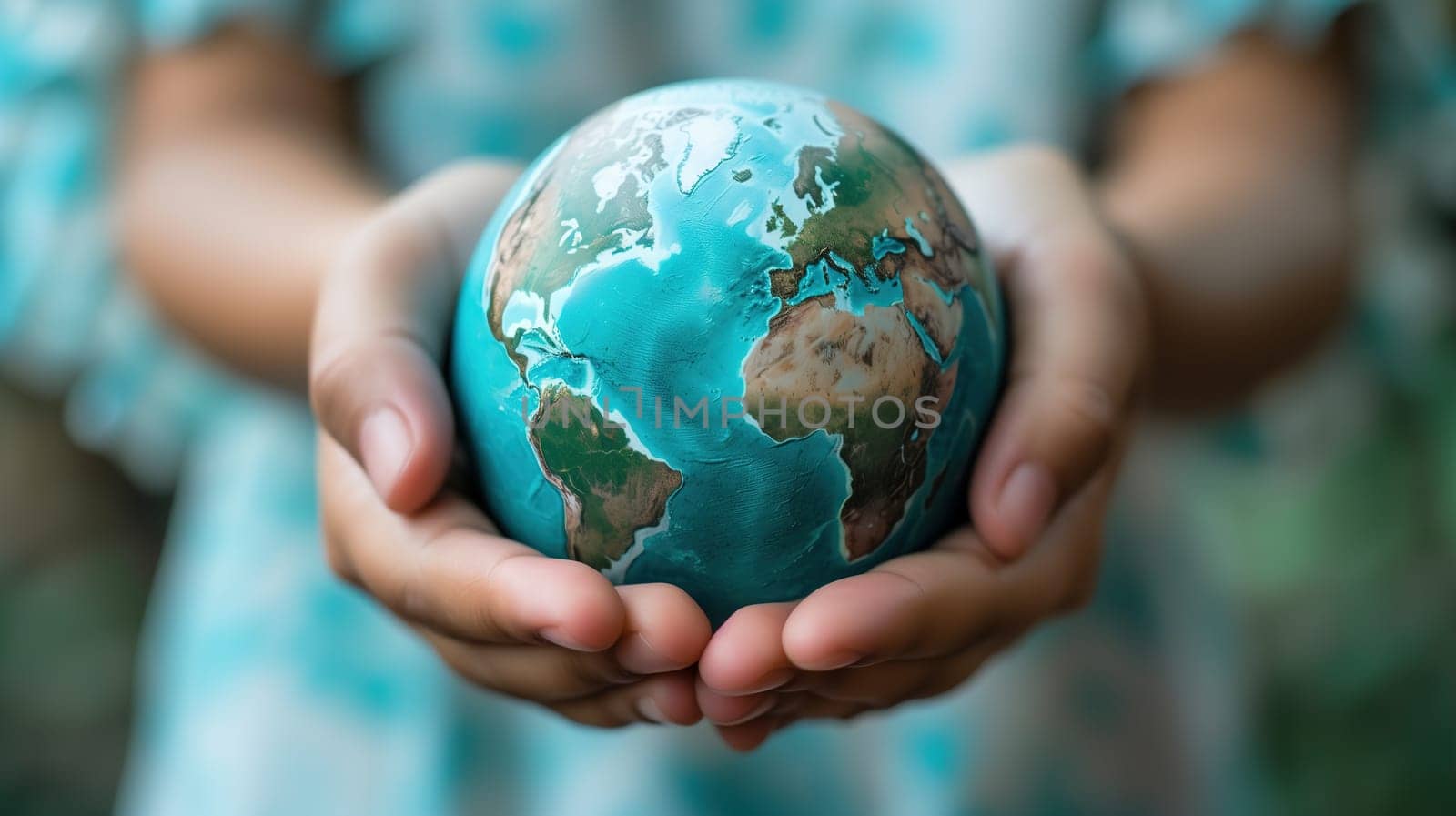A person is holding a small globe in their hands, looking at it intently. The globe is detailed with continents and oceans, and the persons hands are gently cradling it.