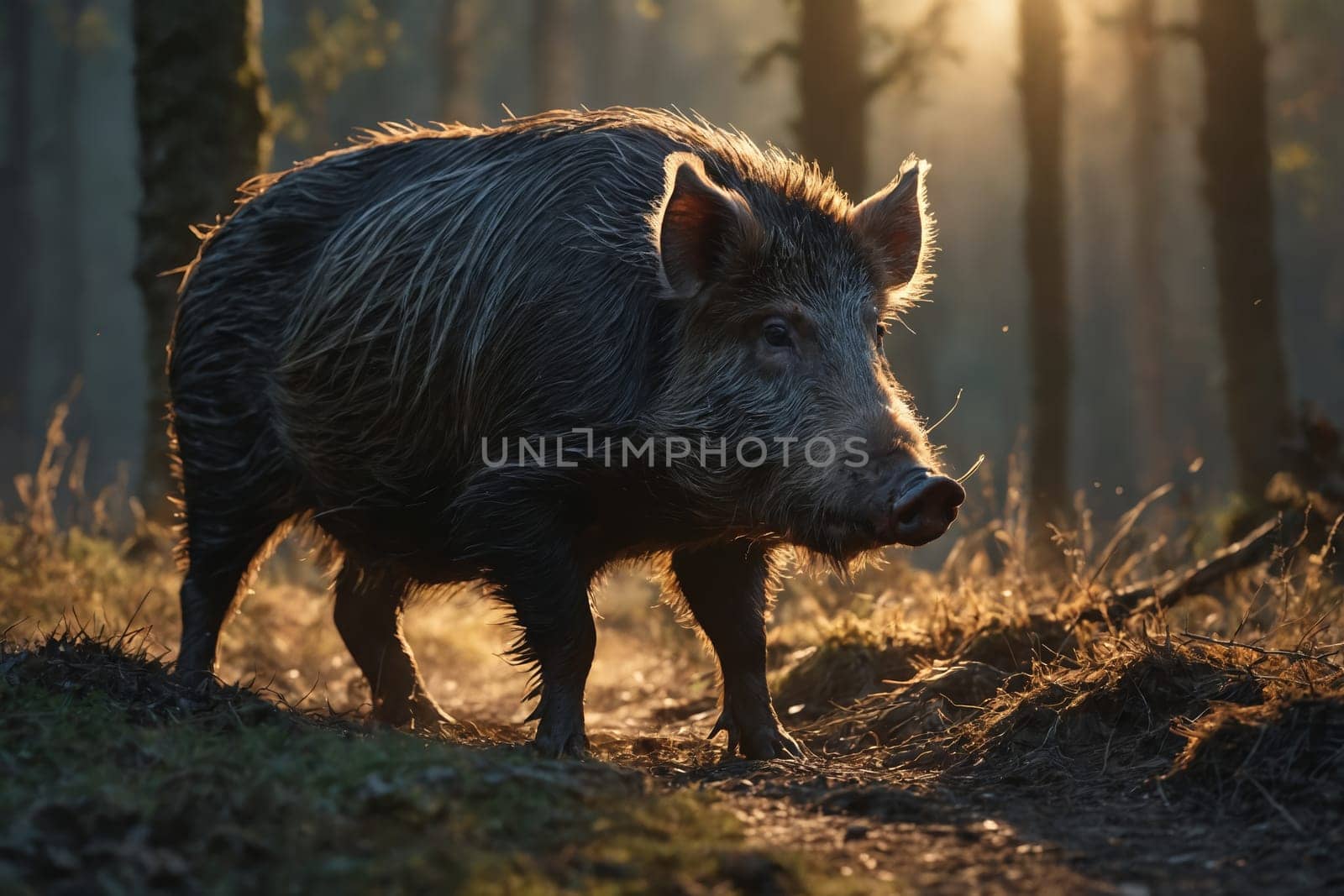 A wild boar looks curiously at the camera, illuminated by sunlight filtering through bare trees.