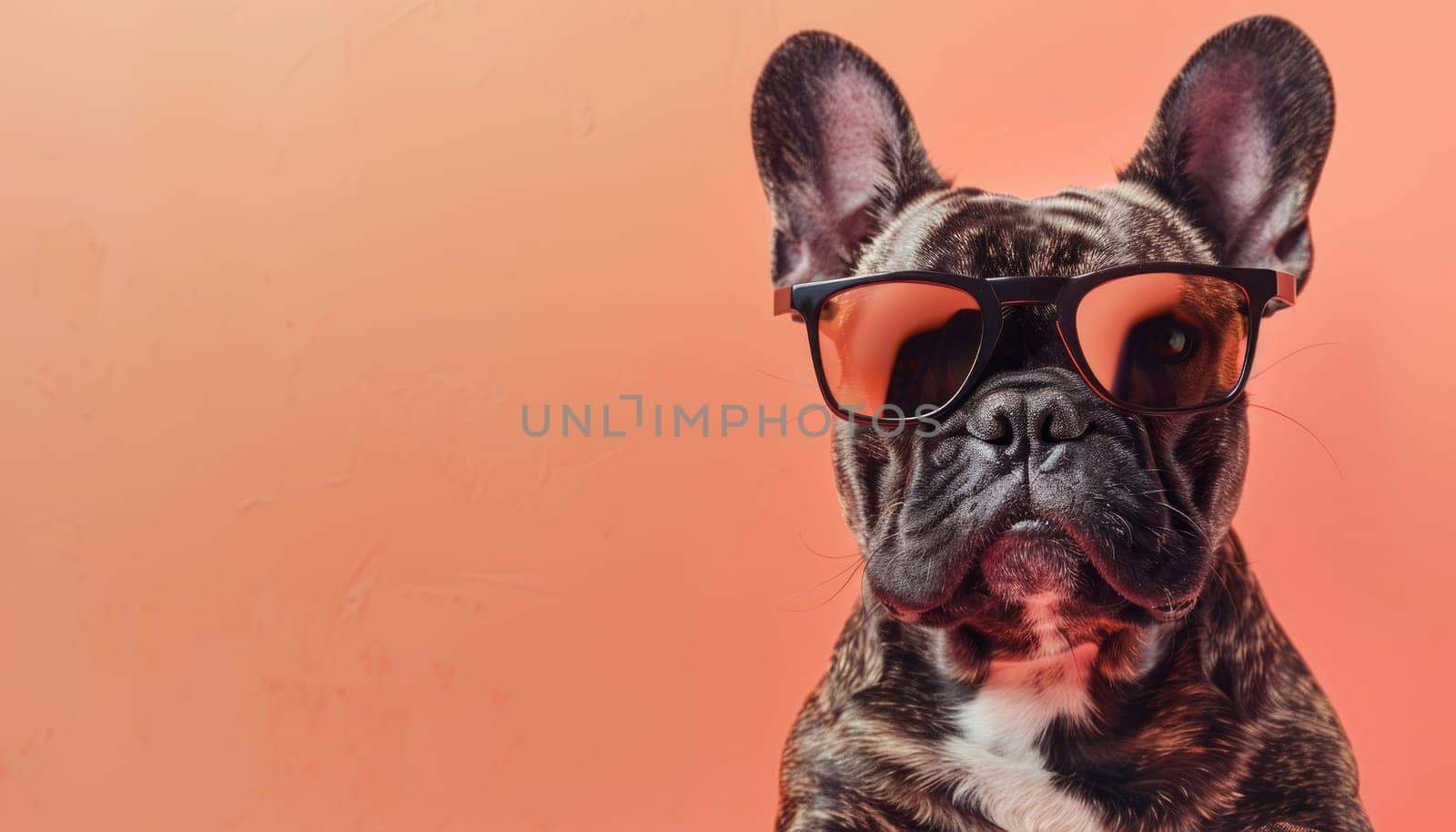 A dog wearing sunglasses and standing in front of an orange background by AI generated image.