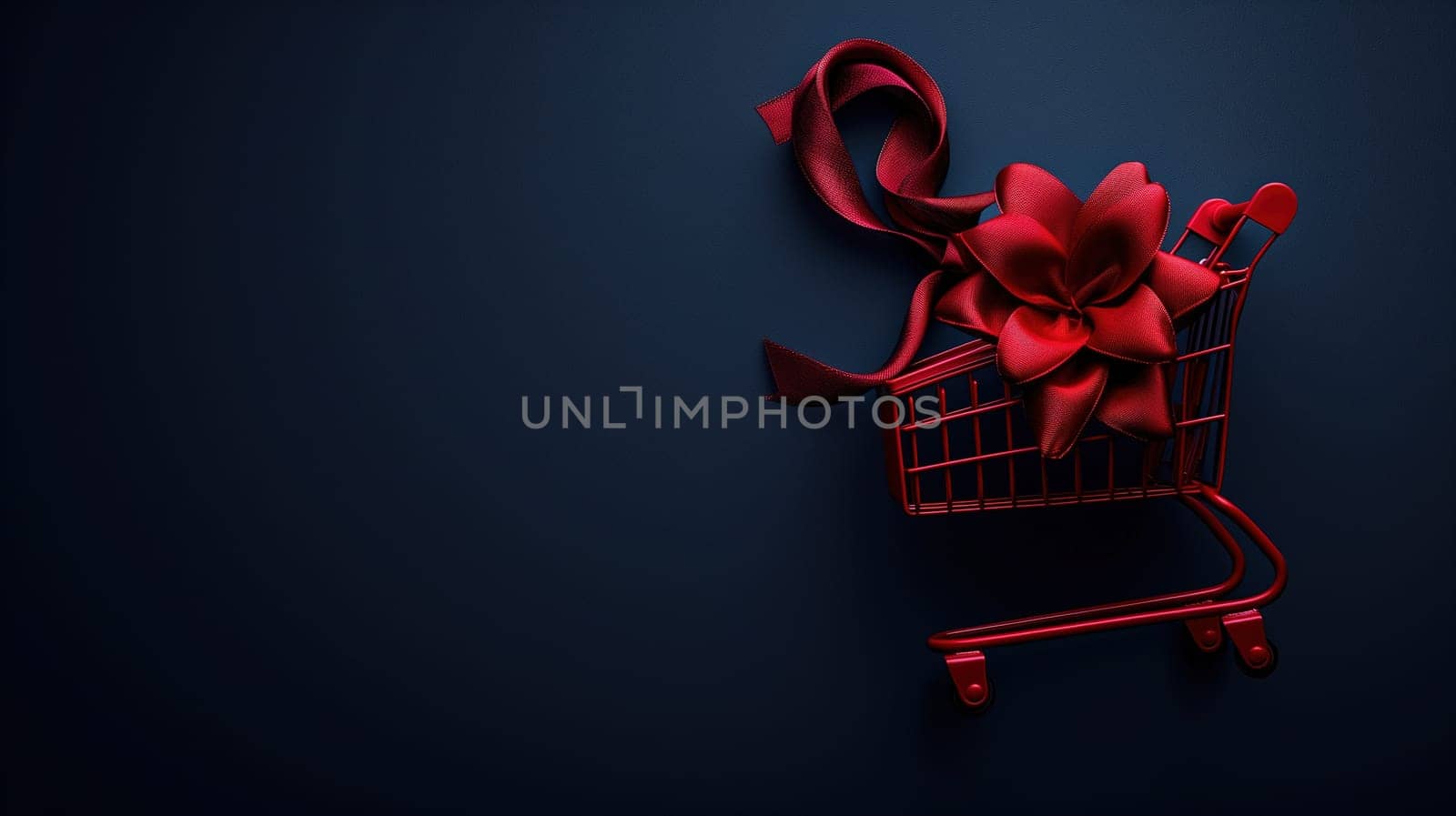 A black shopping cart adorned with a vibrant red bow, symbolizing a sale or Black Friday promotion. The cart is ready to be filled with discounted items.
