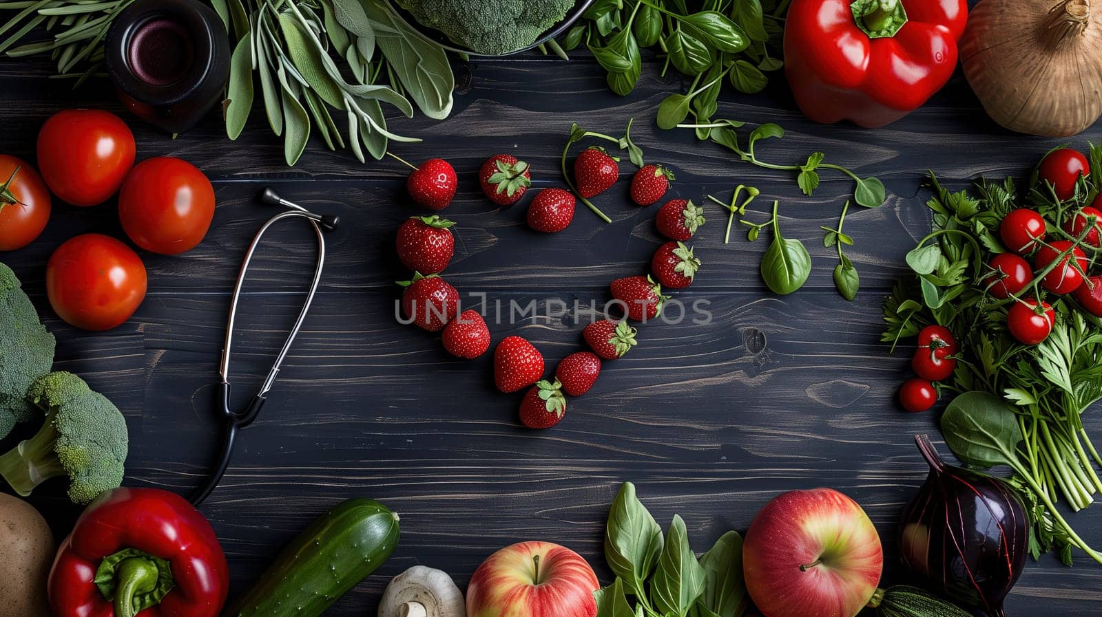 A variety of fresh fruits and vegetables are neatly arranged on a table, showcasing their vibrant colors and textures. Oranges, apples, bananas, carrots, tomatoes, cucumbers, and more are displayed.