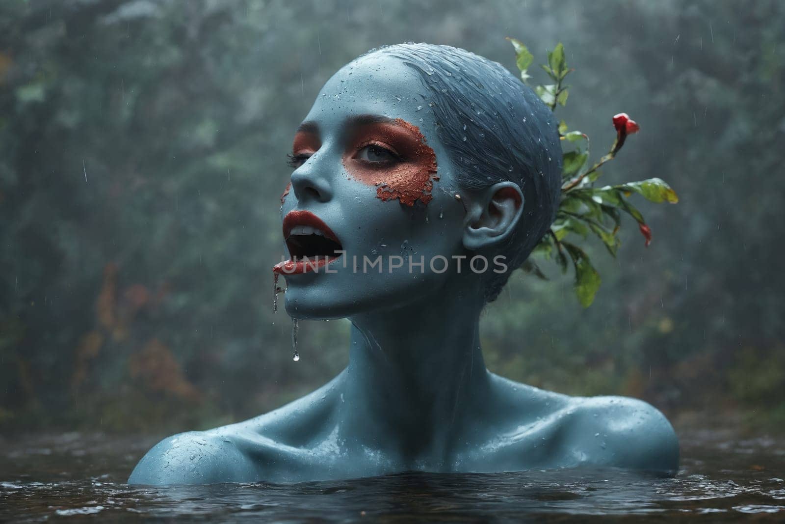 A blue-skinned figure rises from the water, adorned with green leaves and a red flower.