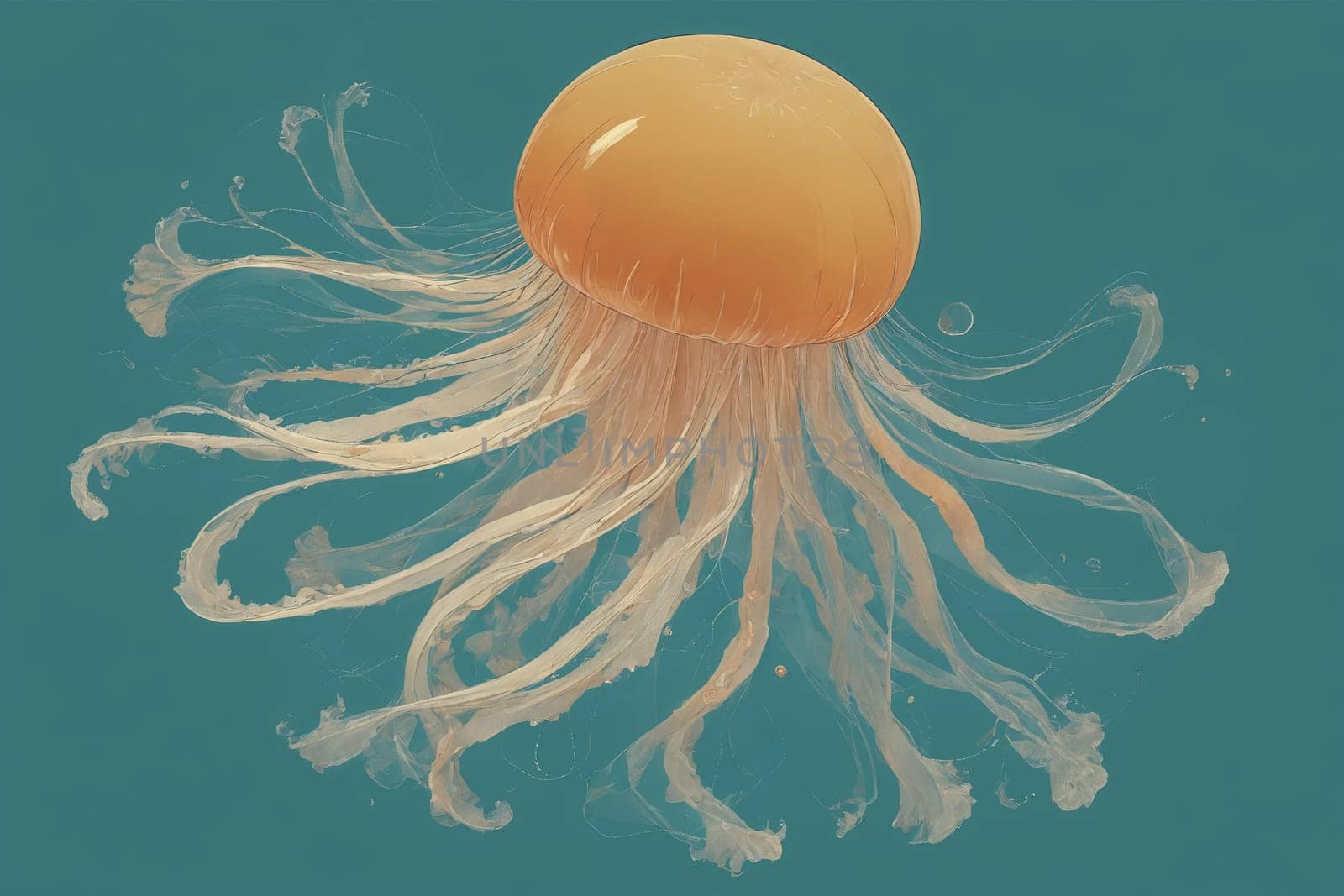 A jellyfish glides through the water, its translucent body and trailing tentacles capturing the essence of marine grace.