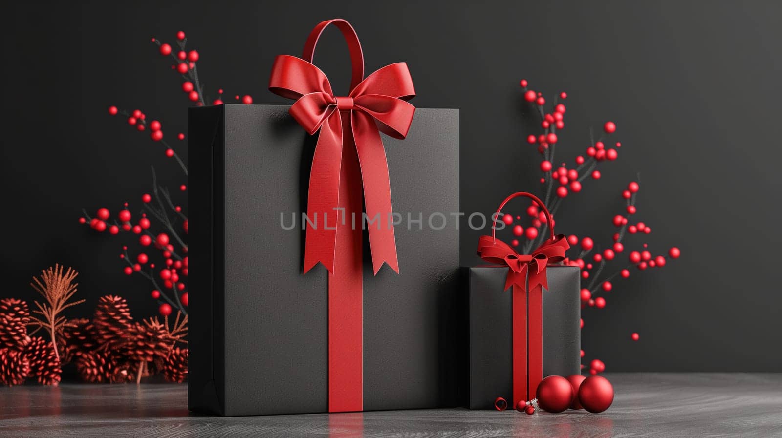 A gift box with a vibrant red bow stands adorned with two shiny ornaments. The scene conveys a festive and celebratory mood, perfect for occasions like Christmas or birthdays.