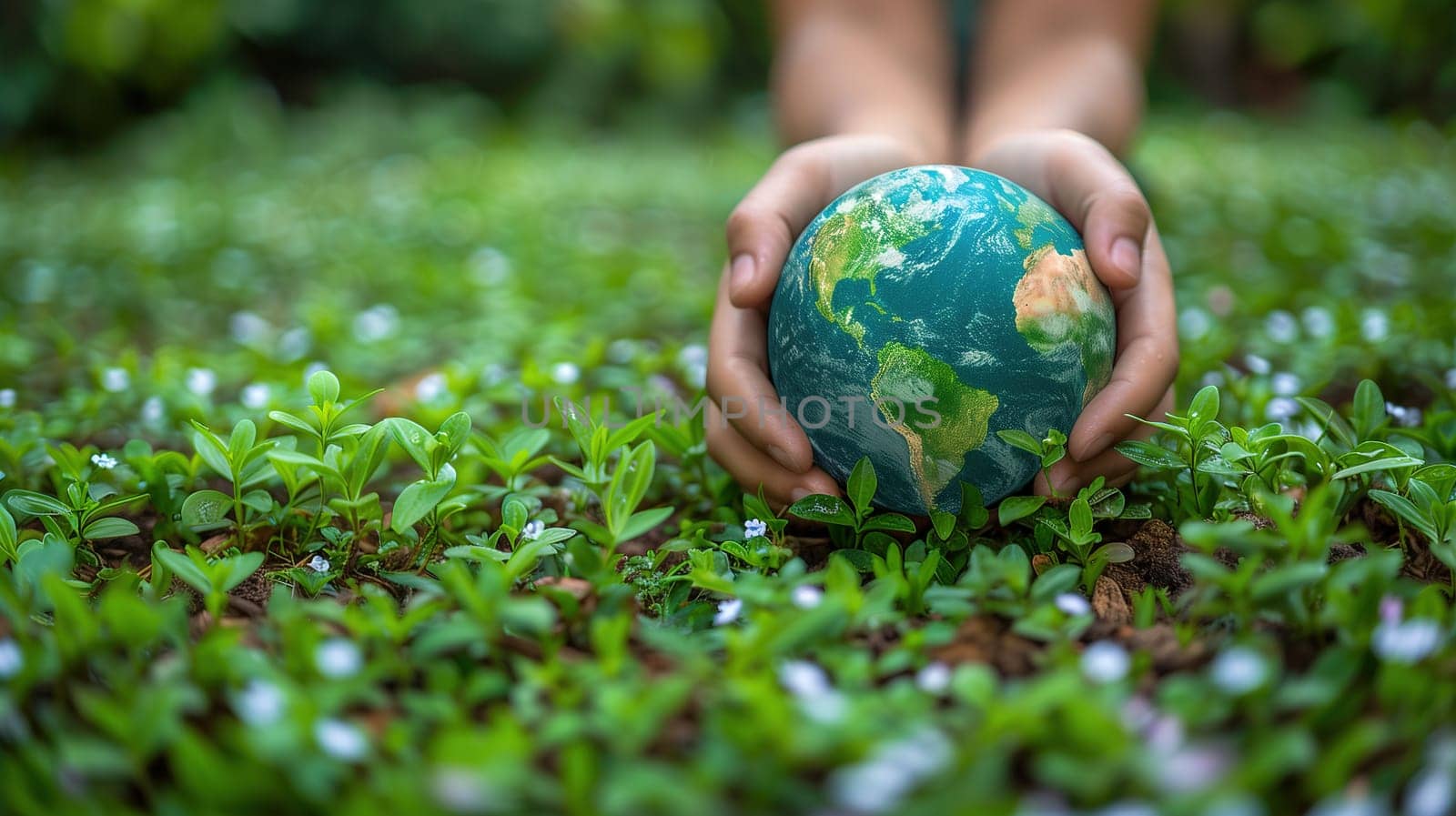 A person is holding a small globe in their hands, symbolizing the Earth Day concept. The globe is detailed with continents and oceans, showcasing the importance of environmental awareness and global unity.