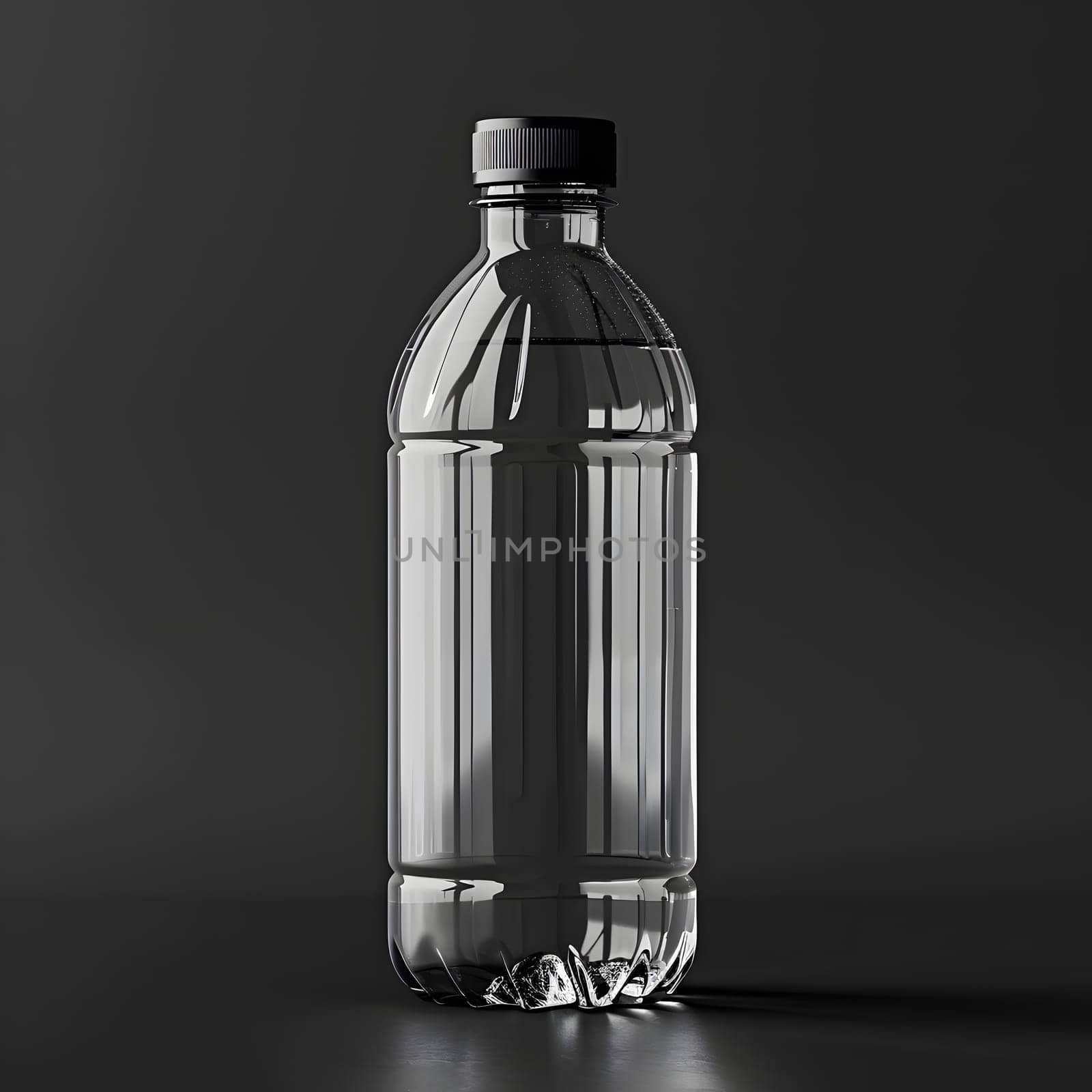 A transparent plastic water bottle with a black cap, set against a black background. This sleek drinkware is perfect for holding liquid and staying hydrated