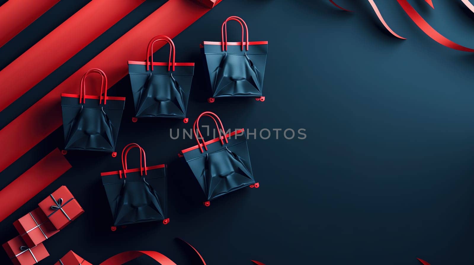 Several black bags with red ribbons tied around them, likely indicating a special sale or promotion. The bags are neatly arranged in a group, showcasing the products for potential customers.