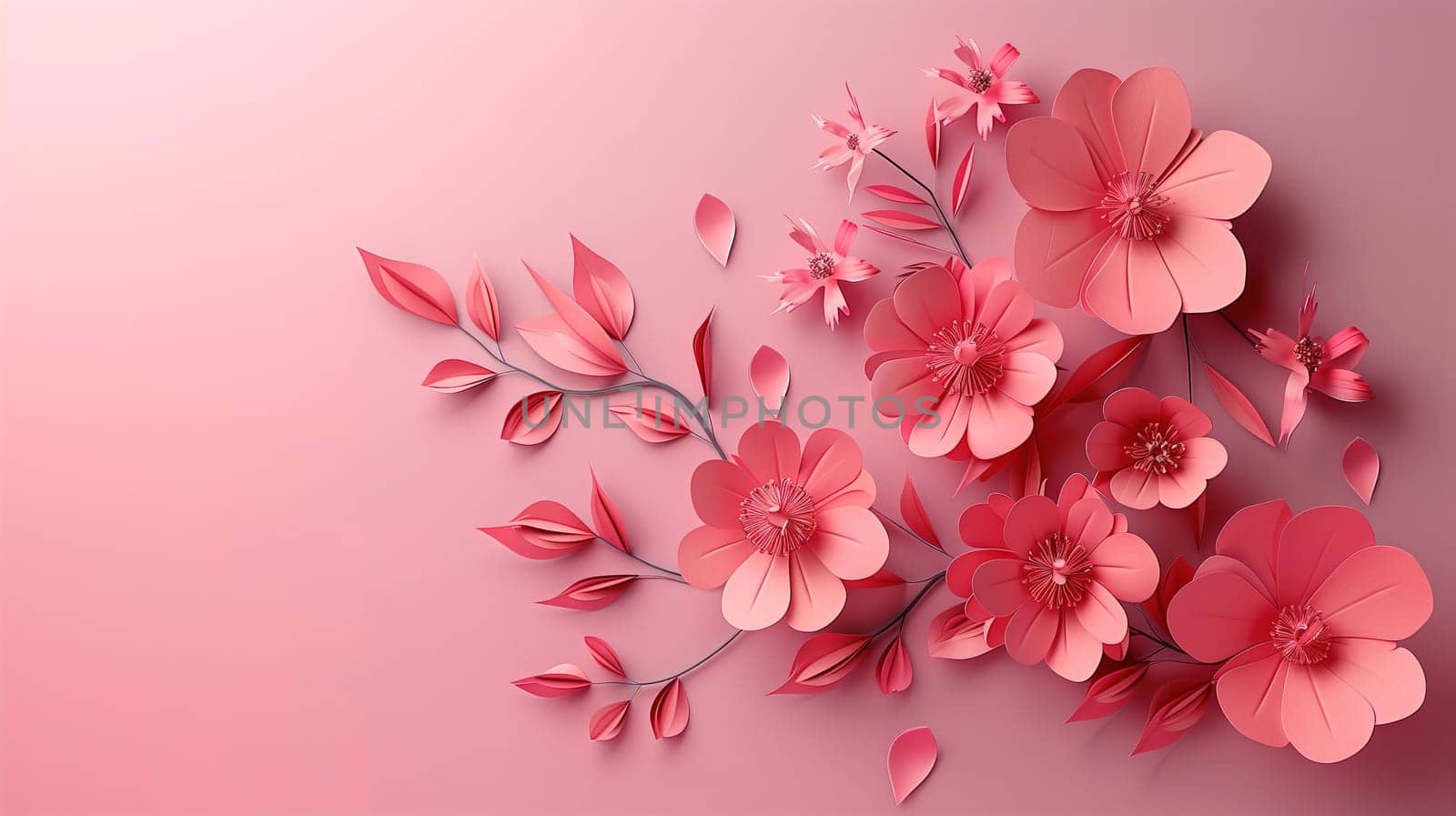 A collection of paper flowers in various shades of pink spread out on a pale pink background. The flowers are intricately crafted and arranged to create a visually appealing composition.