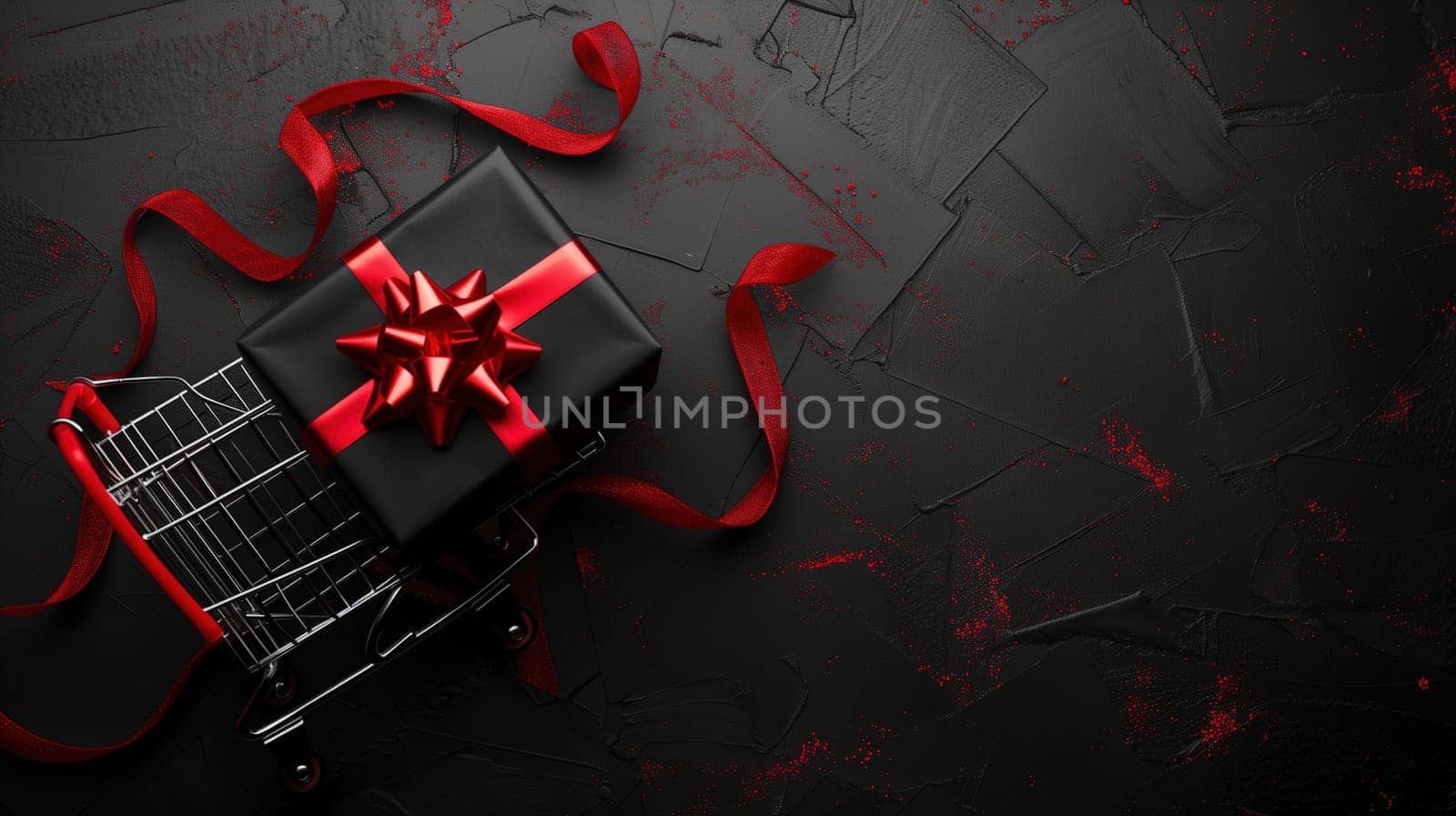 A shopping cart, typically used for shopping, is wrapped with a bright red ribbon. The image conveys a festive and celebratory atmosphere, hinting at a sale or a special event like Black Friday.