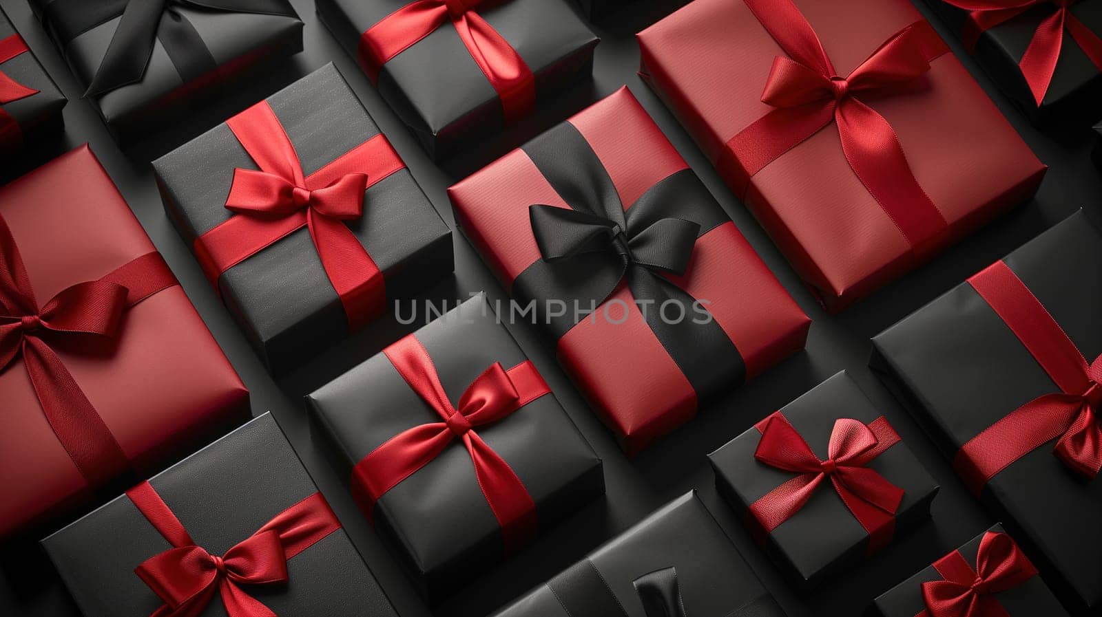 A variety of red and black wrapped presents are displayed for a sale, symbolizing the concept of Black Friday shopping. The gifts are neatly arranged in a festive manner, awaiting eager shoppers.