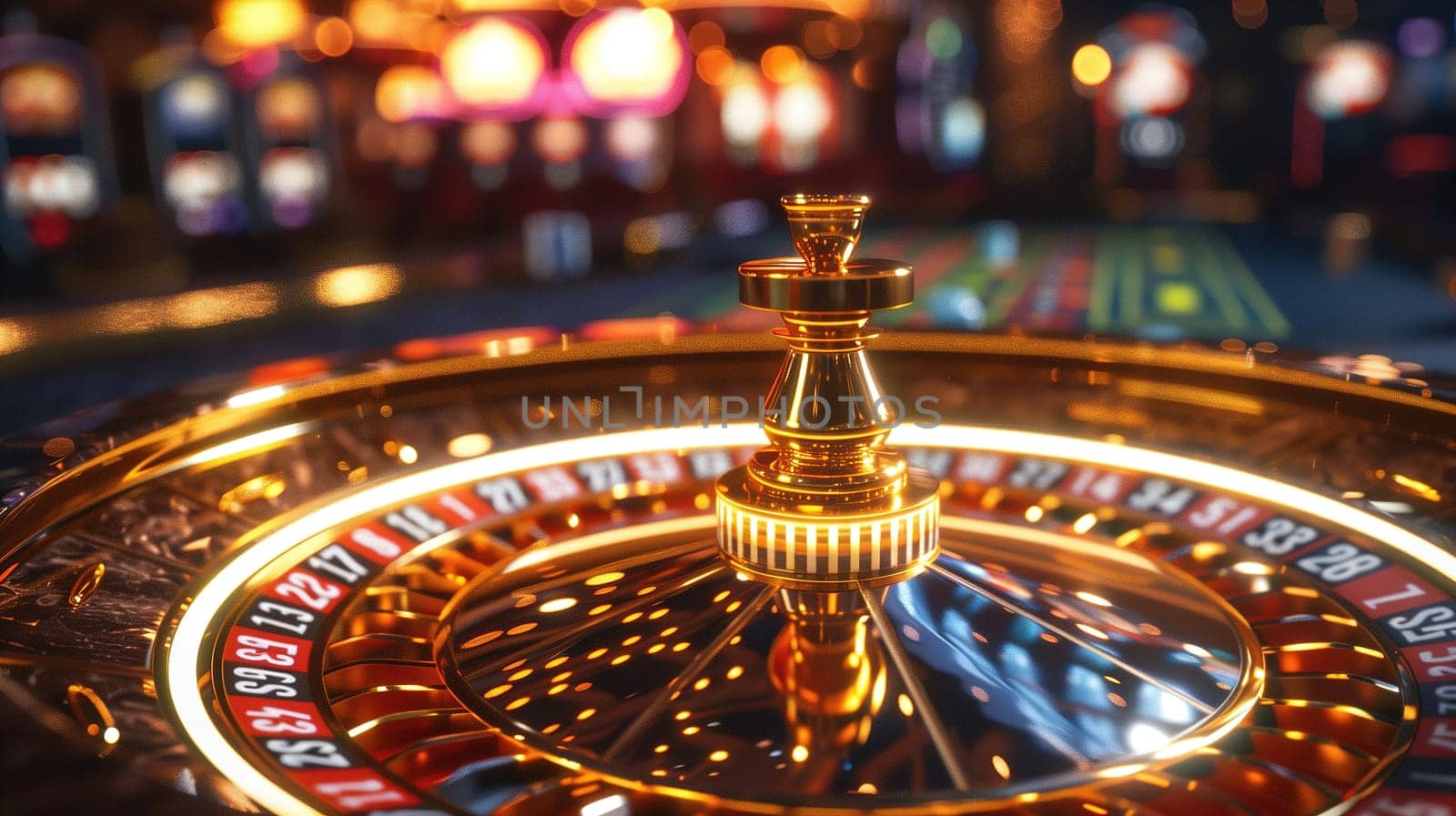 A casino roulette wheel set in a busy casino room with players placing bets and the wheel spinning. The room is filled with excitement and anticipation as gamblers try their luck.